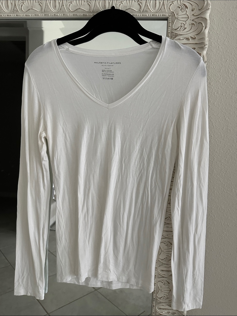 Majestic Filatures Soft Touch White V-Neck Long Sleeve Tee